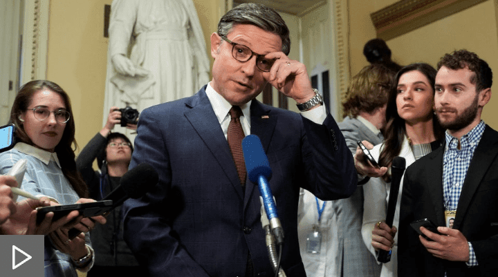 House Speaker Mike Johnson speaks to members of the media at the Capitol building.
