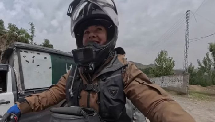 Noraly Schoenmaker, a well-known motorcycle traveler from the Netherlands. Policeman in Batagram suspended for harassing her.