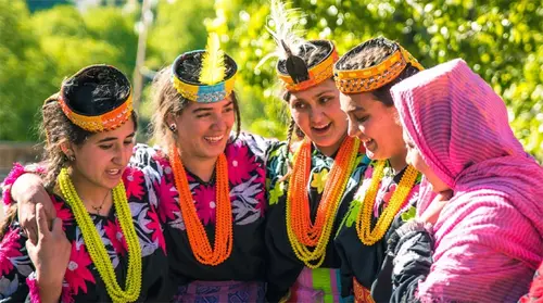 Women in traditional attire during Uchal festival of Kalash in Bumburet, Birir Aug 2025.