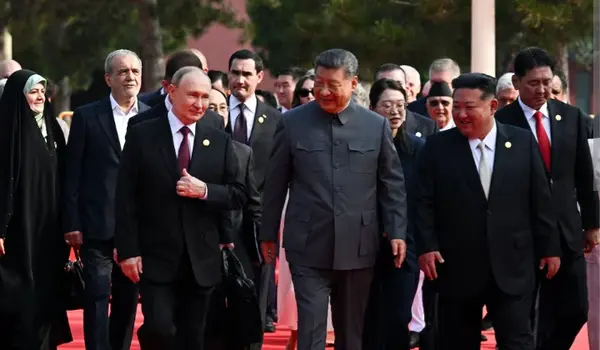 Chinese President Xi witnesses a military show at in Beijing along with Vladimir Putin of Russia and Kim of North Korea.