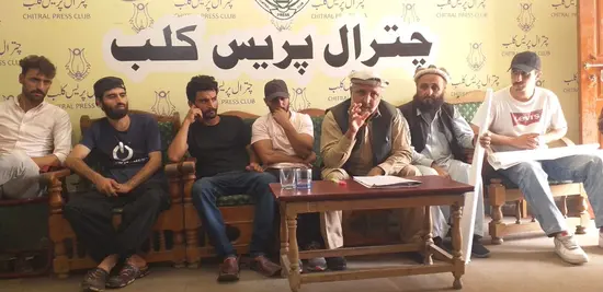 Representatives of miners speak at a press conference in Chitral Press Club on Sept 3, 2025.