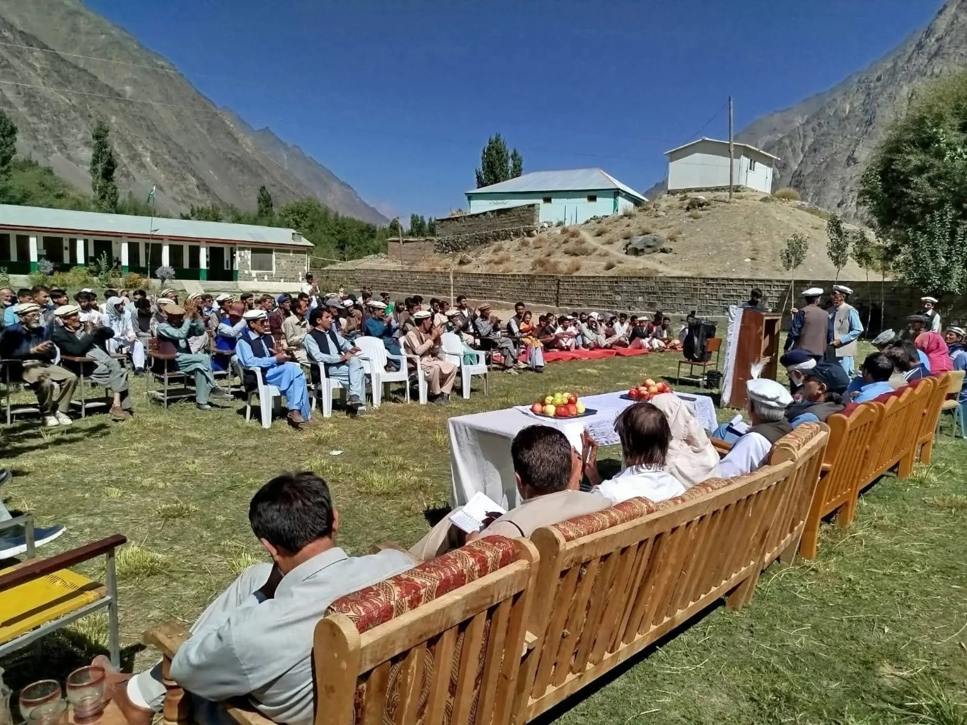 Laspur residents speak about local issues during an open forum held by district administration of Upper Chitral at Gasht on Sept 23, 2025.