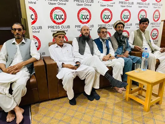 Elders from Torkhow speak at a press conference in Upper Chitral Press Club in Booni about lack of medical facilities in Rural Health Centre Shagram.