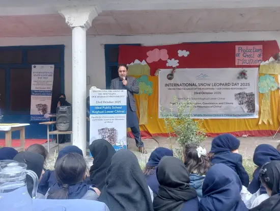 Women attend a snow leopard awareness program held at a school in Chitral on Oct 25, 2025.