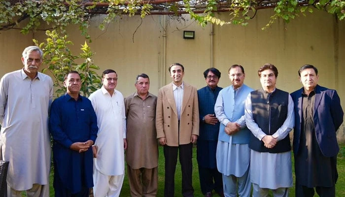 PPP Chairperson Bilawal Bhutto Zardari with party delegation from Chitral in Islamabad on Oct 30, 2025.