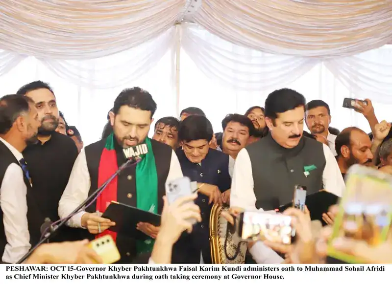 Chief Minister KP Sohail Afridi takes oath from Governor Faisal Karim Kundi in Peshawar on Oct 15, 2025.