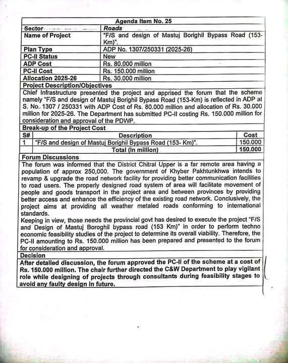PC II of Mastuj Broghil road approved at a meeting of KP Development Working Party.