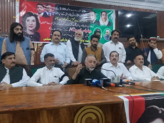 PPP Peshawar City leaders addressing a press conference against KP Governor Faisal Karim Kundi.