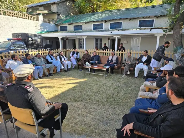 People from Arandu at a meeting held in Drosh to discuss issues of their area.