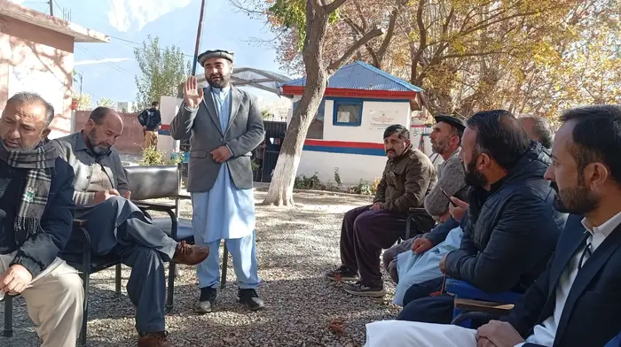 A resident of Ayun speaks at a meeting of police and locals held to address growing drug peddling in the area.