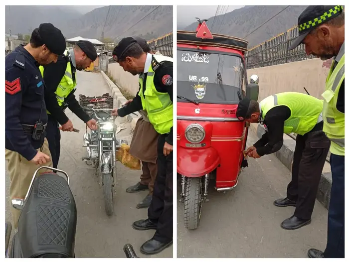 Chitral police and wardens taking action against bikes and rickshaws using LED lights.