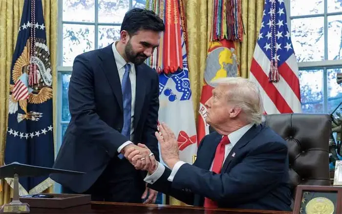 US President Donald Trump shakes hand with New York City Mayor-elect Zohran Mamdani at Oval Office on Nov 22, 2025.