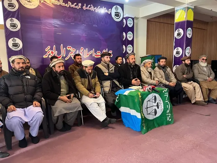 Jamaat e Islami (JI) Lower Chitral leaders Wajeehuddin, Maghrifrat Shah and others addressing a press conference announcing a campaign against corruption.