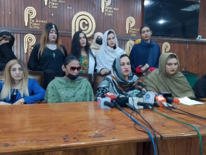 Transgender activists Arzo Khan and Sobia Khan (Bebo) express grievances in a press conference in Peshawar on Dec 3, 2025.