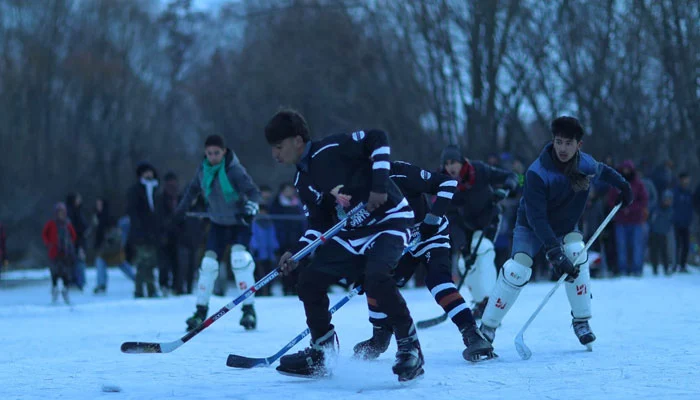 Players at the final of ice hockey tournament in Harchin village of Laspur in Upper Chitral.