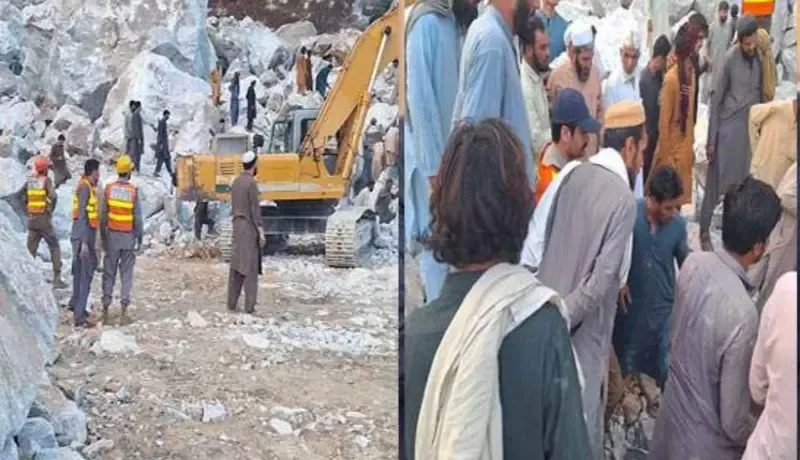 People gathered at the site of mine blast in Mardan.