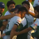 Hockey players of Pakistan react after qualifying for world cup.