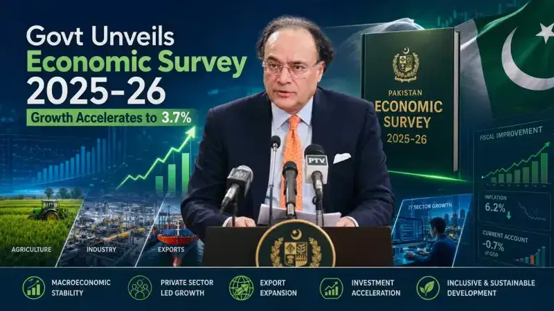 Finance Minister Aurangzeb Khan presents Economic Survey 2025-26.