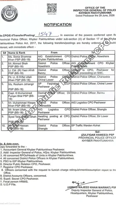Notification issued to post second woman DPO to Chitral Lower.