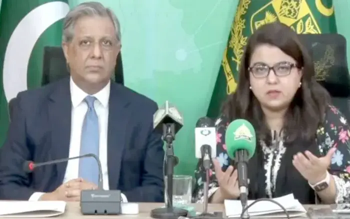 Law minister Azam Nazir Tarar and IT minister Shaza Fatima addressing a press conference in Islamabad.