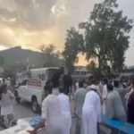 police and people seen after a blast during a rally in Swat on Aug 2, 2026.