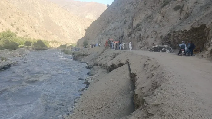 Garam Chashma Lotkoh road blocked by river erosion in Aug 2026.