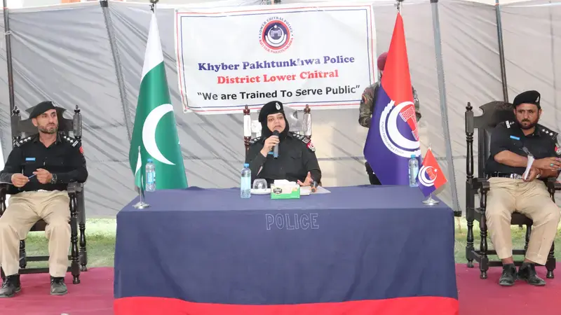 DPO Lower Chitral Resham Jehangir speaks at an open forum, Sept 2, 2026.