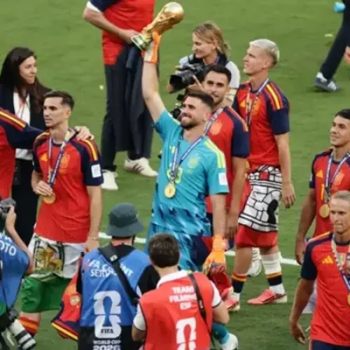 Spain players and fans with the FIFA World Cup 2026 trophy after beating defending champions Brazil in New York, July 19, 2026.